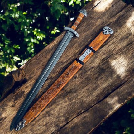 Northmen-style handmade Damascus sword with scabbard and rose wood han