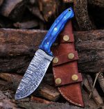 9″ Damascus steel hunting knife with blue wood handle and leather sheath.