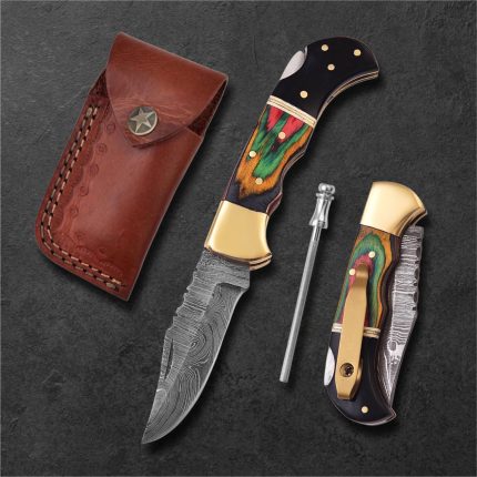 6.5″ Damascus steel pocket knife with pocket clip and leather sheath.
