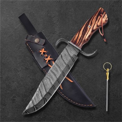 15″ Damascus steel fixed blade Bowie knife with fire ash wood handle and sheath.