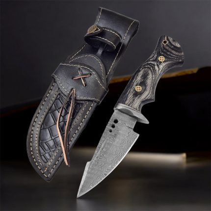 10″ handmade Damascus steel hunting knife with black wood handle and leather sheath.