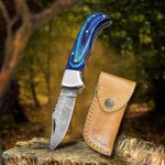 6.5" Damascus steel pocket knife with leather sheath.