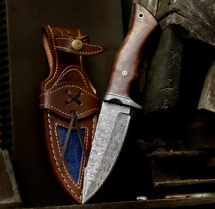 10″ Damascus steel hunting knife with rose wood handle and leather sheath.