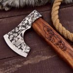 Hand-forged premium carbon steel Viking axe with rose wood handle and leather sheath.