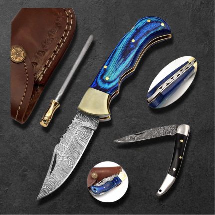 4-piece set of handmade Damascus steel pocket knives with leather sheaths.
