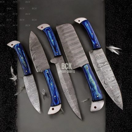 Damascus steel kitchen knife set with leather sheath, ideal for gifting.